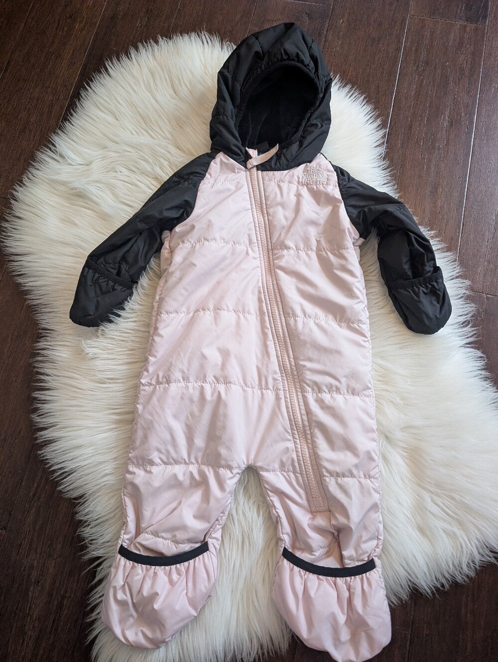 The North Face TNF Snowsuit Infant Light Pink Black Fleece Lined 6-12 Months